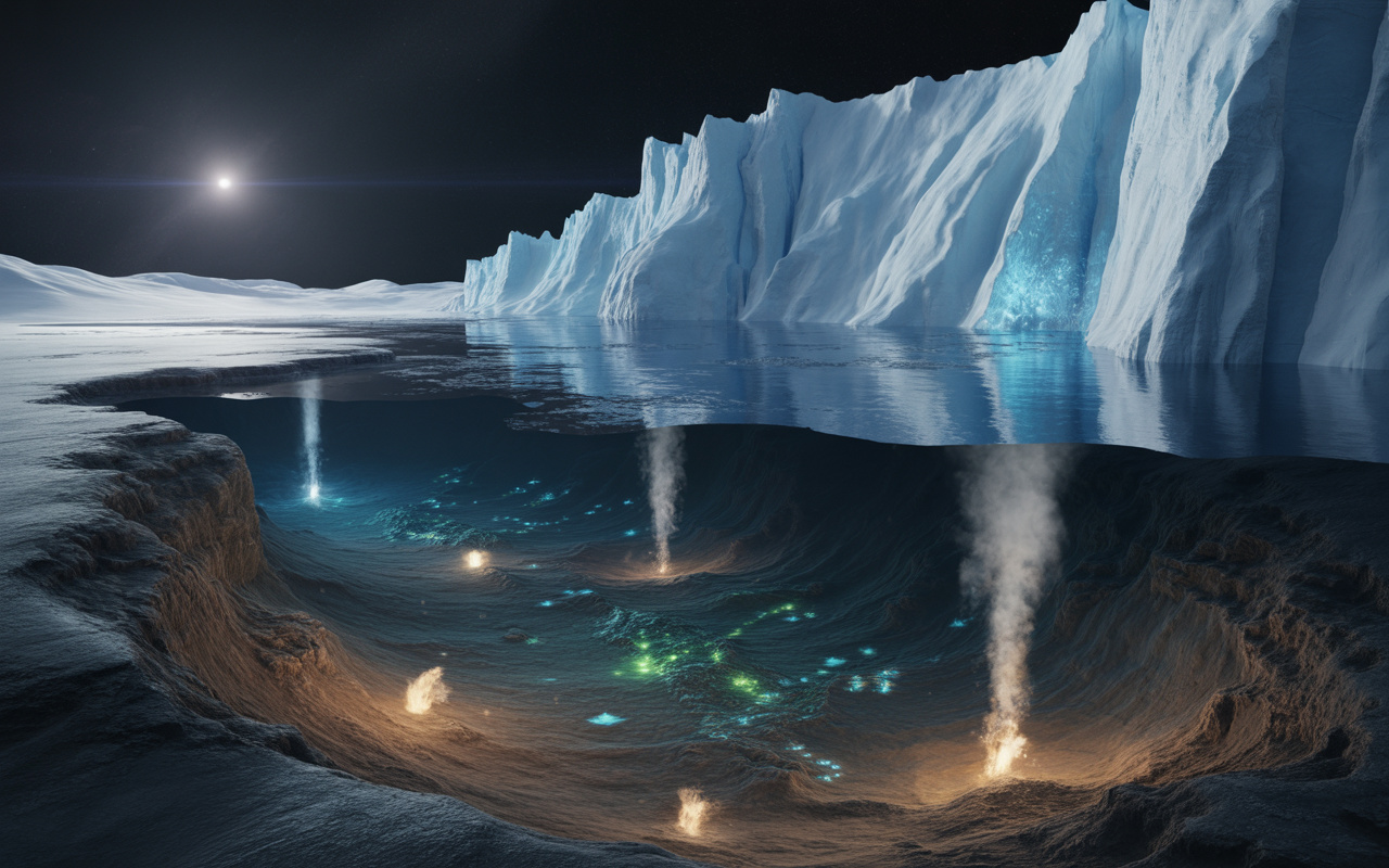 Oceano escondido com profundidade média estimada até 100 quilômetros sob dezenas de quilômetros de gelo pode conter mais água que todos os mares da Terra juntos, manter energia interna por bilhões de anos e sustentar ambientes potencialmente habitáveis fora do planeta