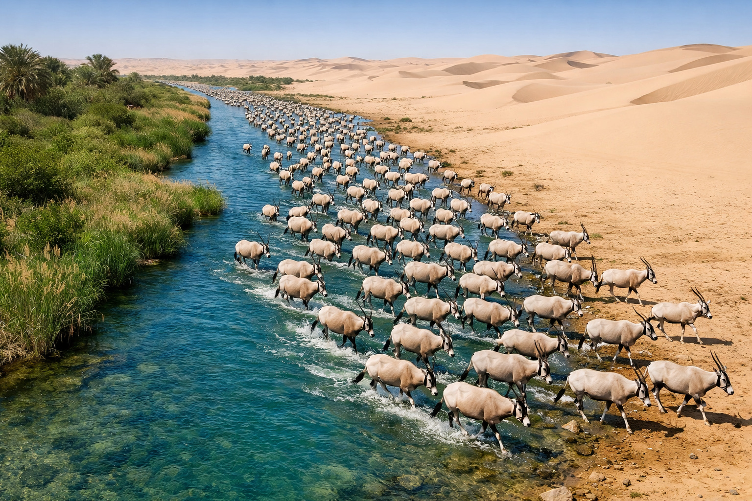 Antílopes órice caminhando no deserto do Saara com vegetação surgindo ao redor.