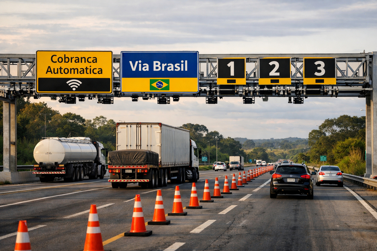 Rodovia no Brasil com múltiplos pedágios e sistema free flow, representando o aumento das cobranças e a precariedade das estradas.