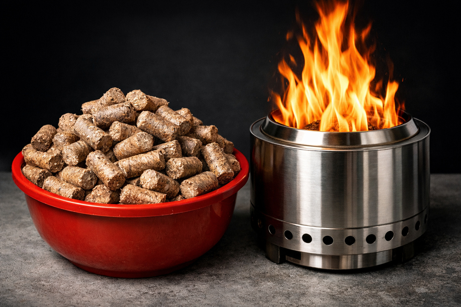 Pellets de madeira feitos com serragem e papelão reciclado usados como fonte de energia alternativa.