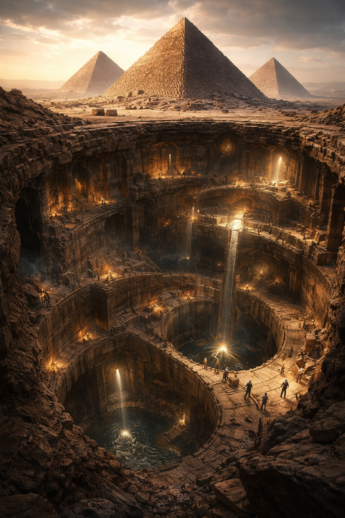 Ilustração realista do subsolo sob as pirâmides do Egito, mostrando estruturas profundas associadas à teoria da cidade secreta em Gizé