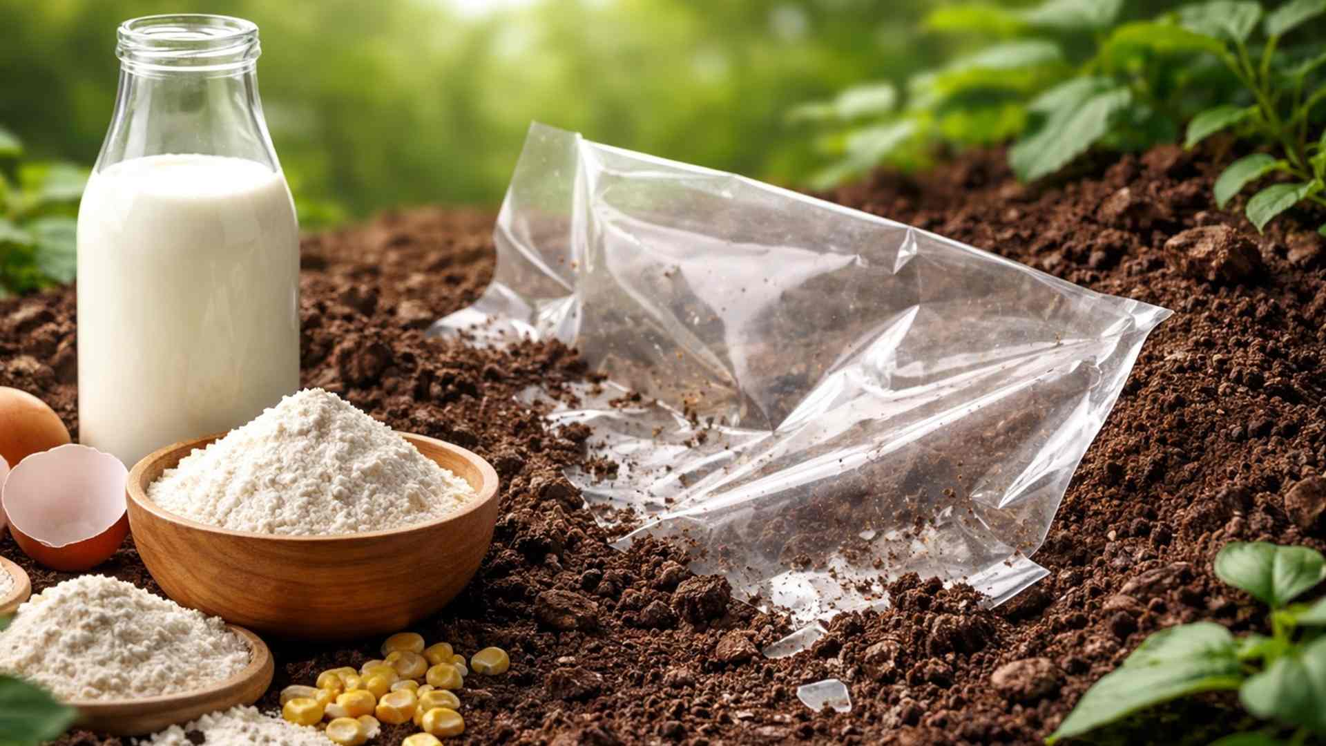 Plástico feito de leite se decompõe no solo em cerca de 13 semanas e surge como alternativa biodegradável para embalagens.