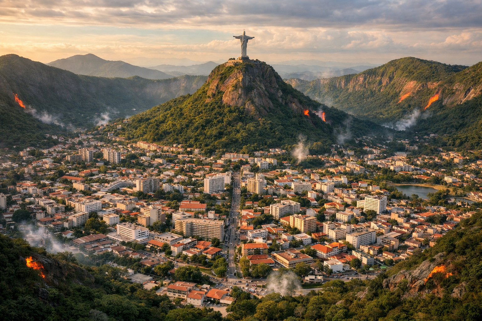Cidade de Poços de Caldas construída dentro de um vulcão extinto, com águas termais e Cristo Redentor ao fundo.