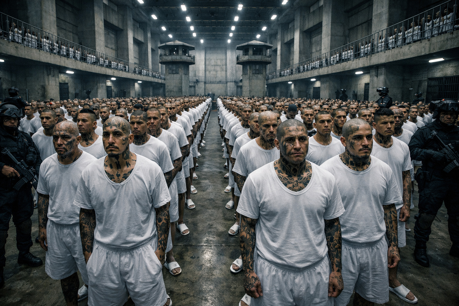 Prisão CECOT em El Salvador com detentos uniformizados e forte esquema de segurança