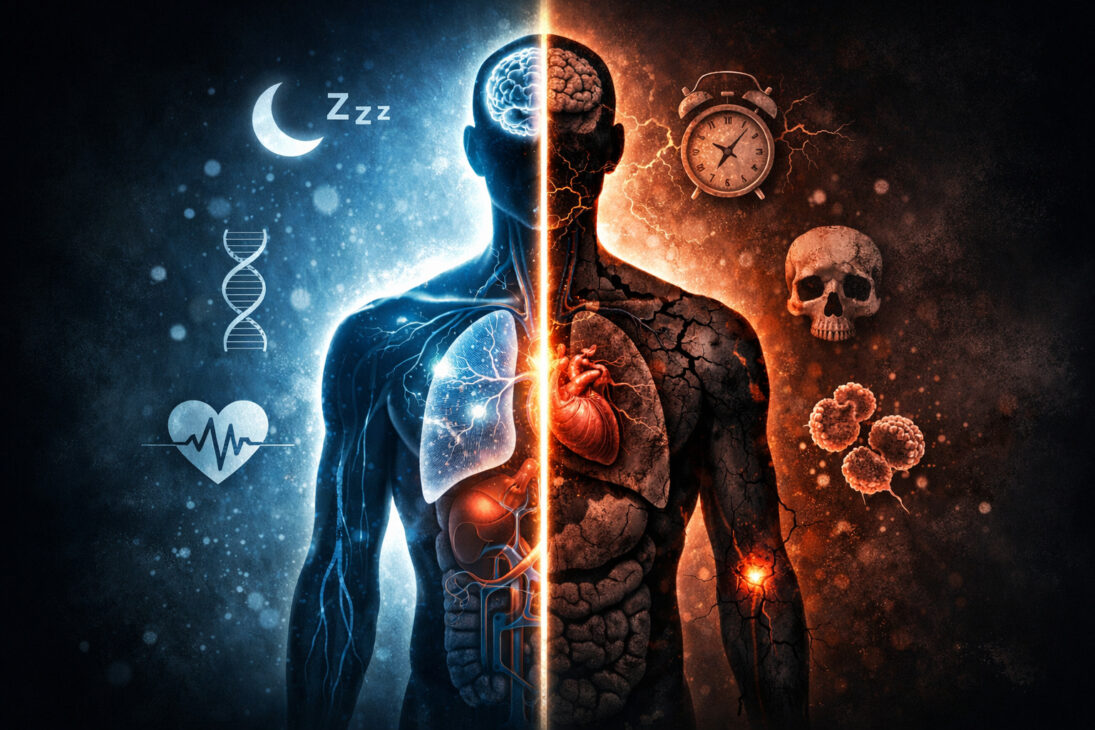 Hombre con insomnio despierto durante la madrugada, representando los efectos del sueño insuficiente en la salud