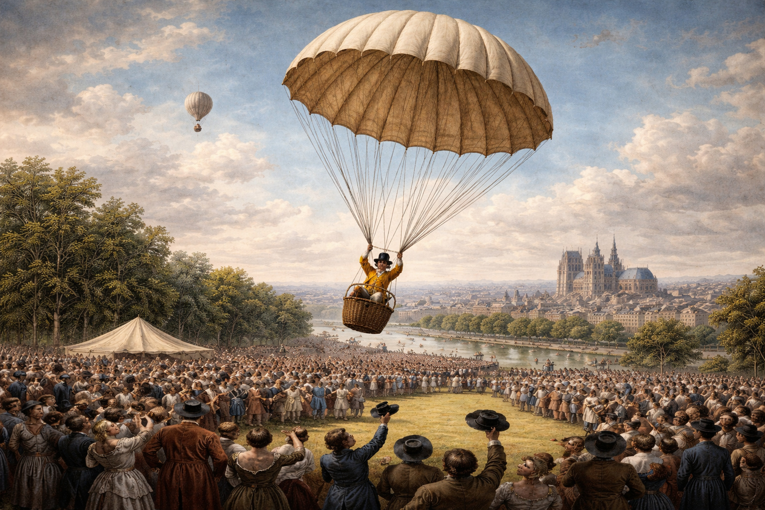 Ilustração realista do primeiro salto de paraquedas da história, com André-Jacques Garnerin descendo de um balão de hidrogênio sobre Paris em 1797.
