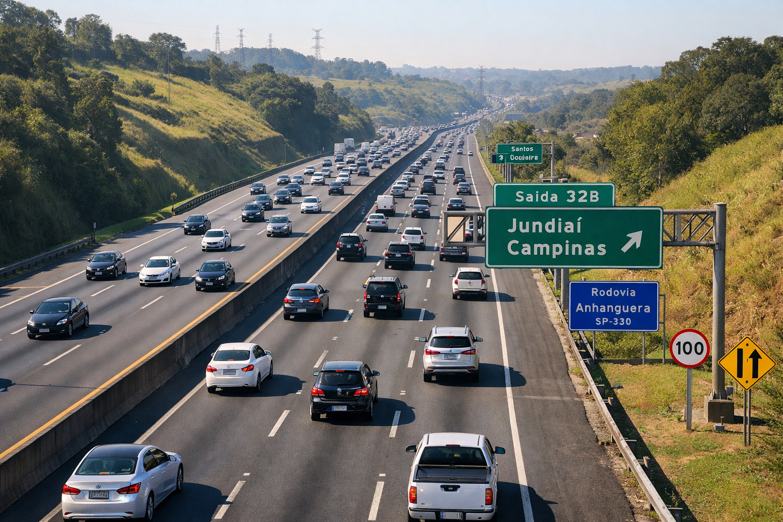Trânsito intenso, porém fluido, em rodovia durante retorno do feriado.