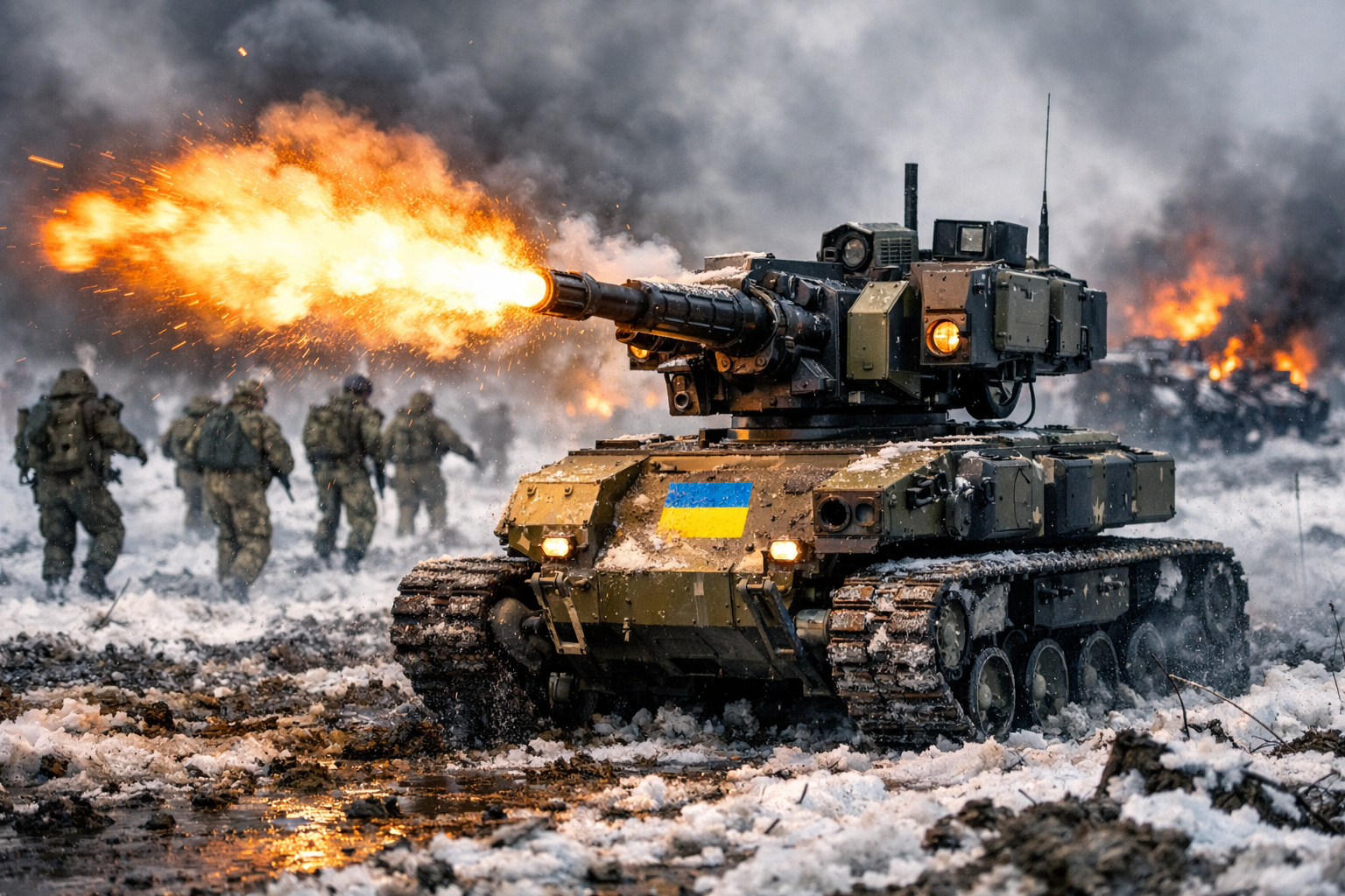 Robô terrestre militar da Ucrânia operando em zona de combate ao lado de drones aéreos