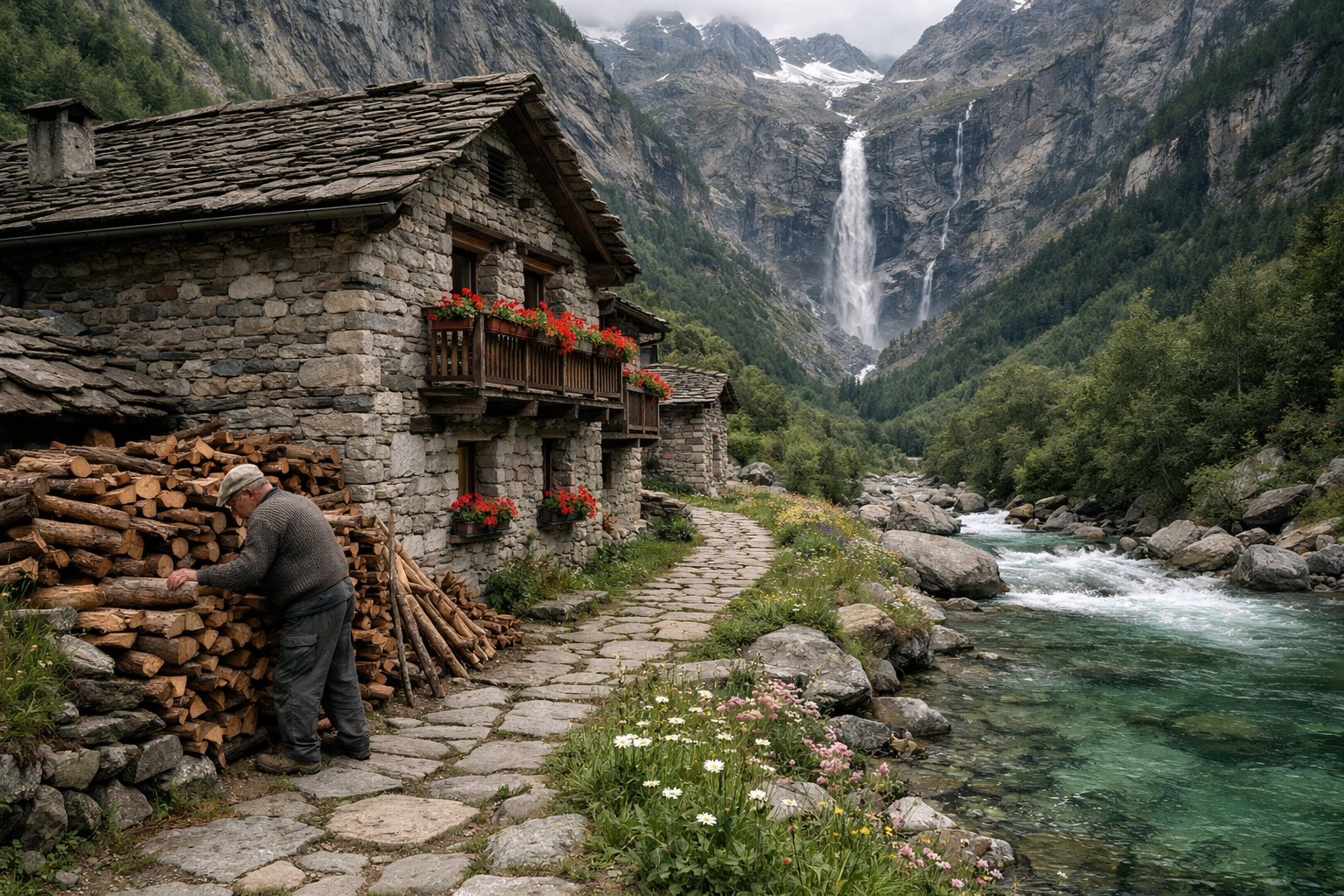 Casas de pedra centenárias da aldeia de Sonogno no Vale Verzasca, cercadas pelos Alpes Suíços