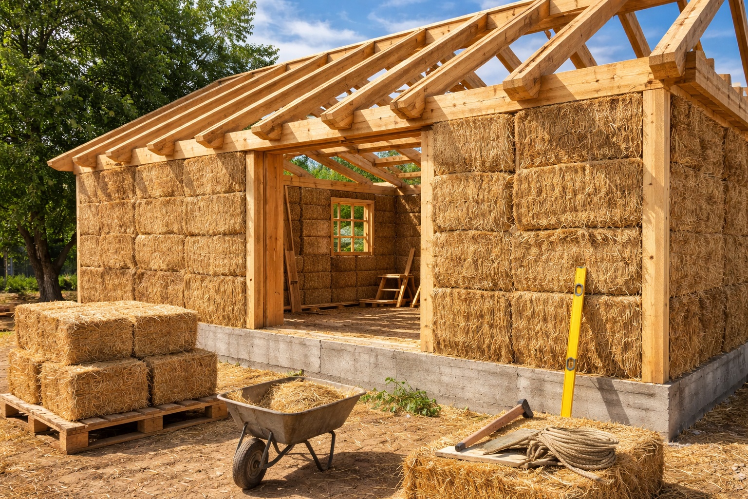 A técnica de construção que dispensa tijolos e concreto e tem custo total de até R$ 9 mil: fardos de palha compactada substituem a alvenaria tradicional, criam paredes estruturais com alto isolamento e transformam resíduo agrícola em construção habitável