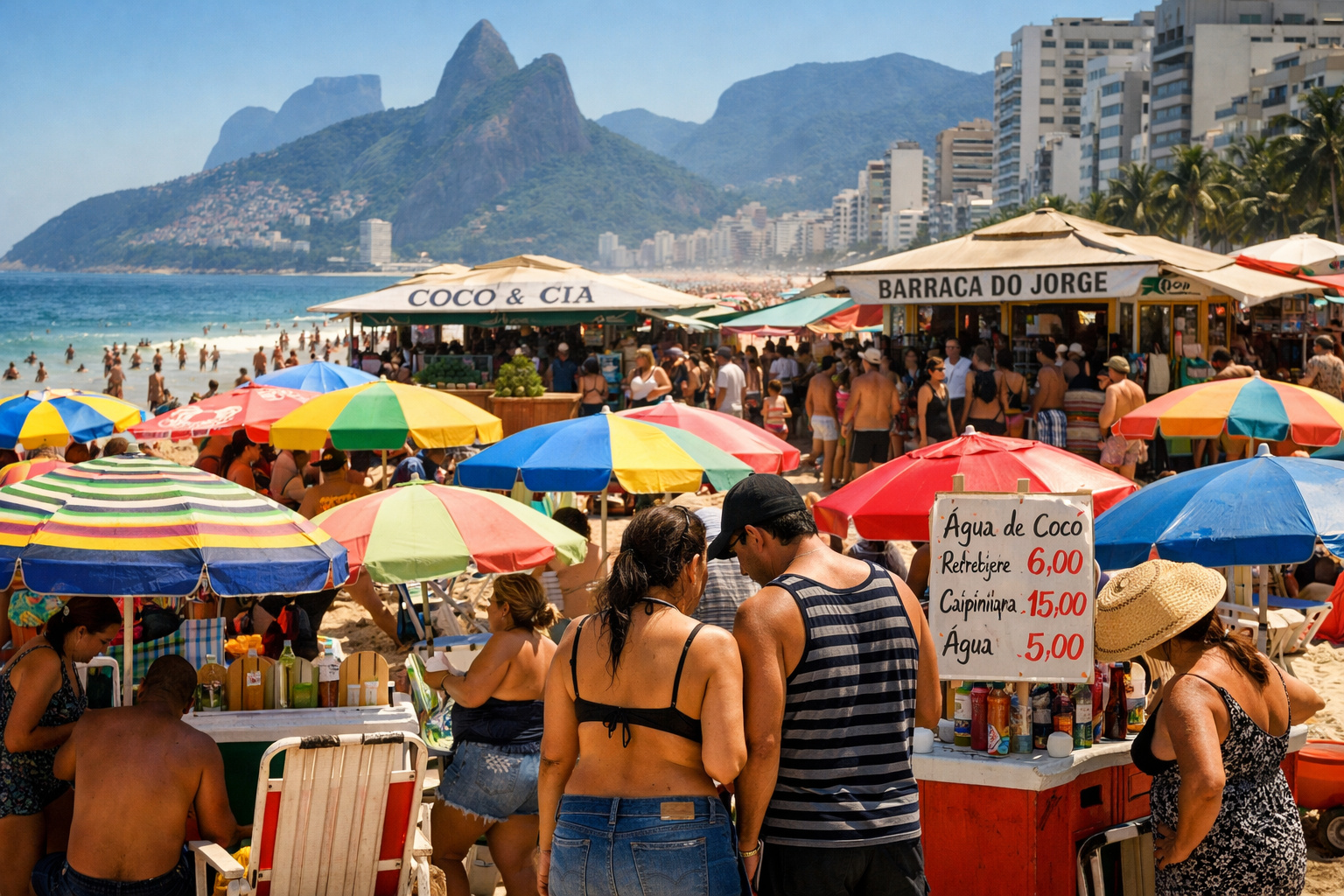 Banhistas em praia do Rio observam quiosques e guarda-sóis durante debate sobre tabelamento de preços
