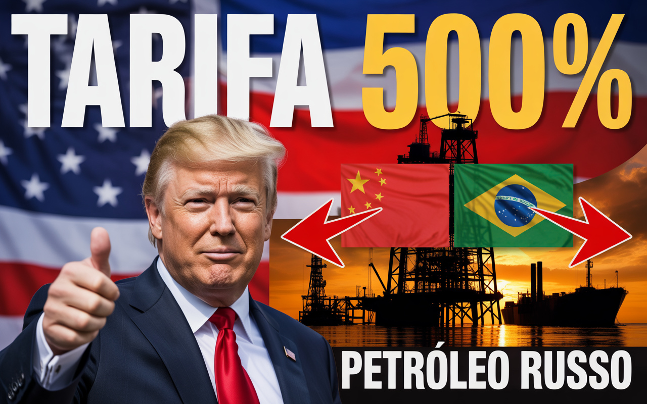 Trump dá sinal verde a lei que autoriza tarifa de até 500% contra países que comprarem petróleo russo, mirando China, Índia e Brasil e reordenando o comércio global de energia em 2026