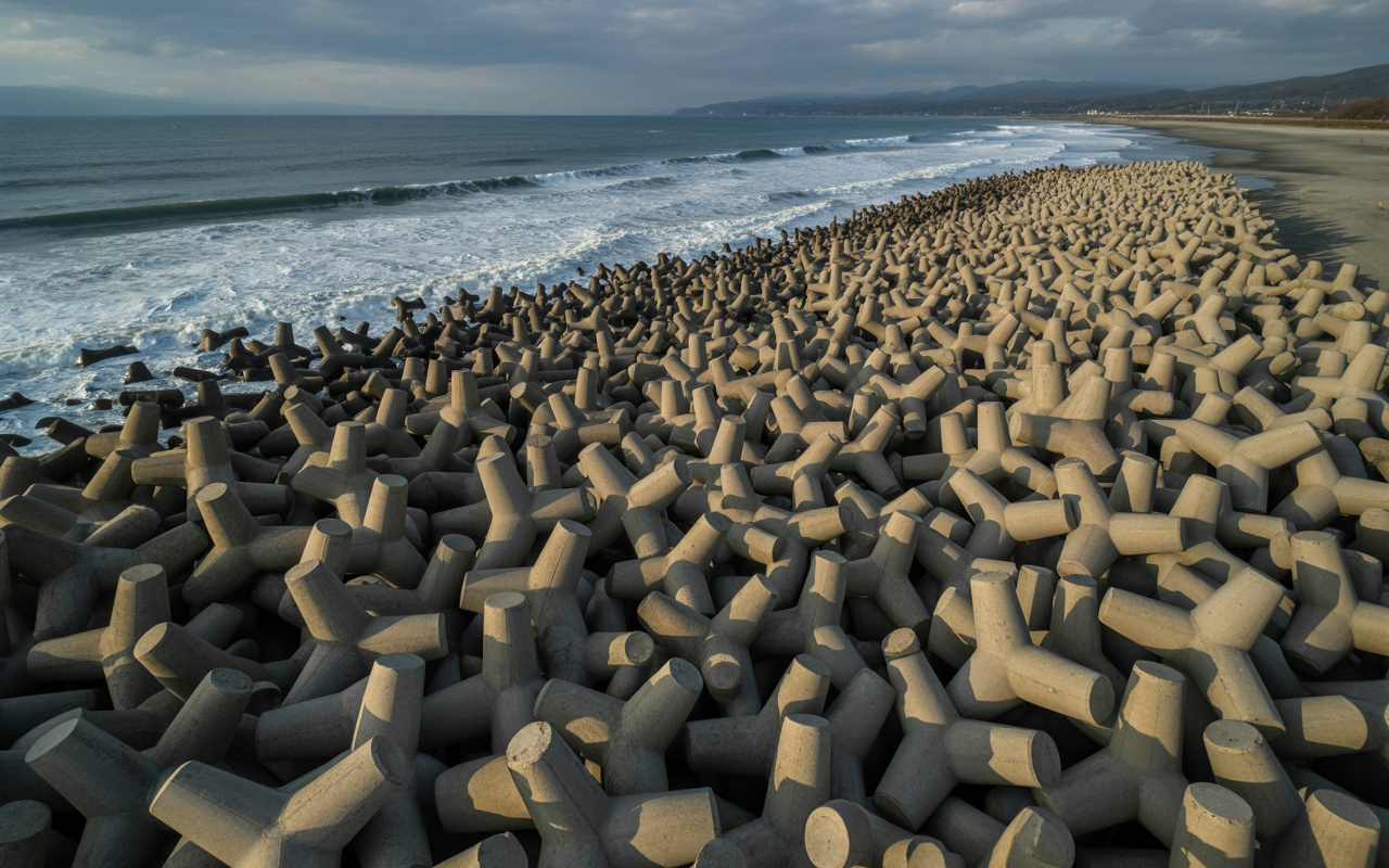 Milhares de blocos de concreto em forma de “tetrapods” estão sendo posicionados ao longo de mais de 35 mil km da costa japonesa para dissipar ondas, reter sedimentos e reconstruir praias que desapareceram após décadas de erosão oceânica e tempestades