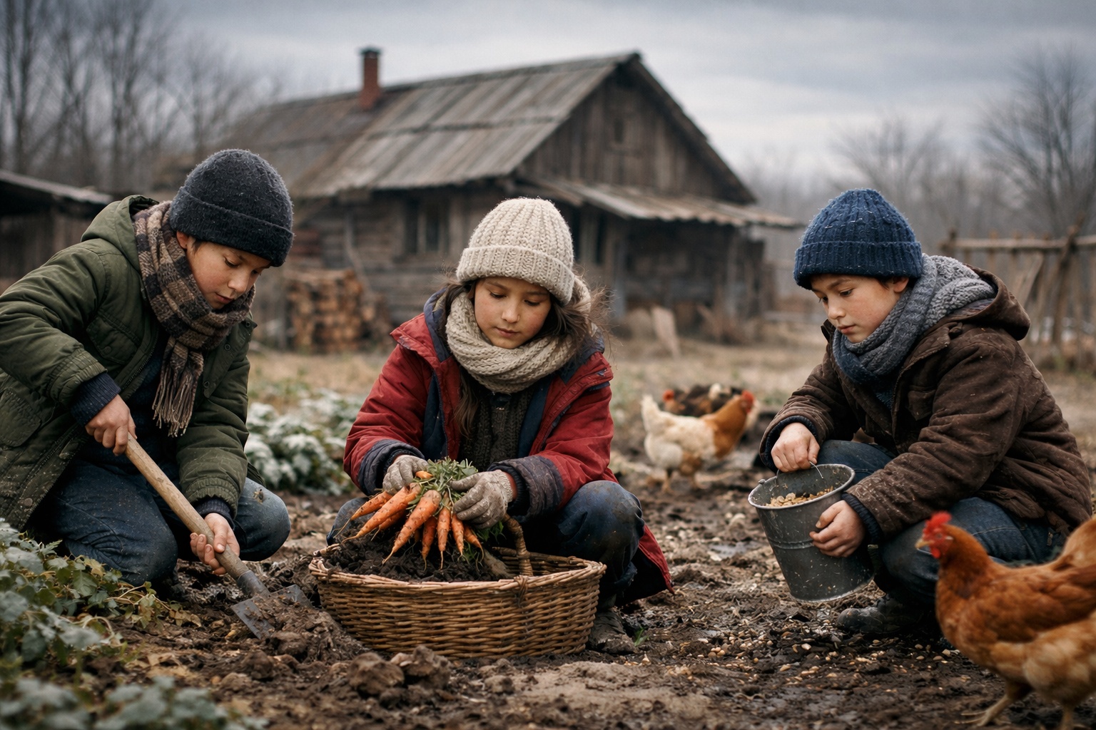 Três crianças crescem sozinhas em uma casa rural isolada, cuidam da horta, alimentam os animais, cozinham para si mesmas e enfrentam o inverno enquanto os pais trabalham longe nas cidades; tudo registrado em um documentário real e comovente