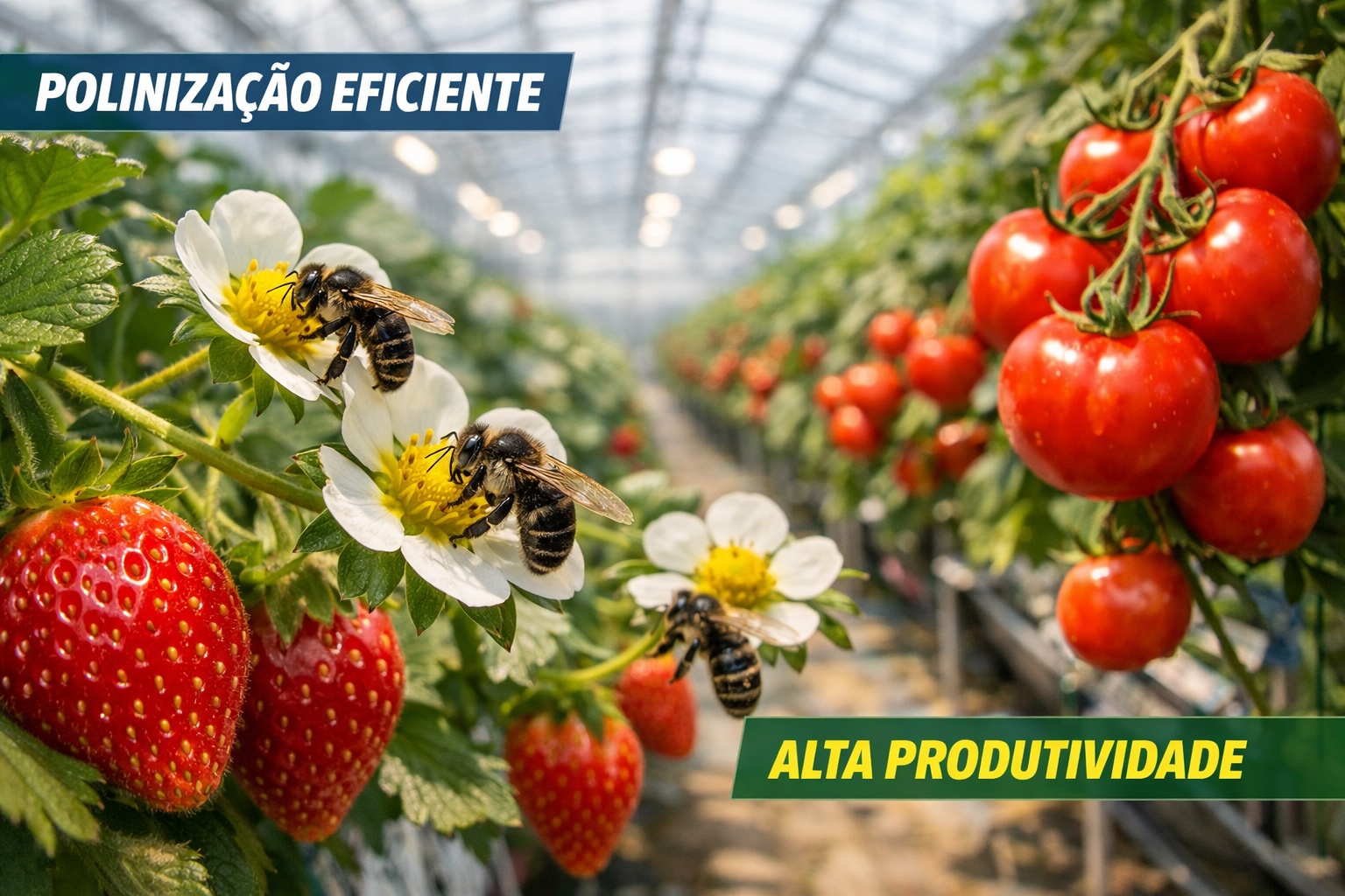 Abelhas sem ferrão do gênero Melipona estão elevando até 20% a produção de morango e tomate em estufas brasileiras, reduzindo deformações, aumentando o Brix e transformando polinizadores nativos em tecnologia agrícola de alto valor
