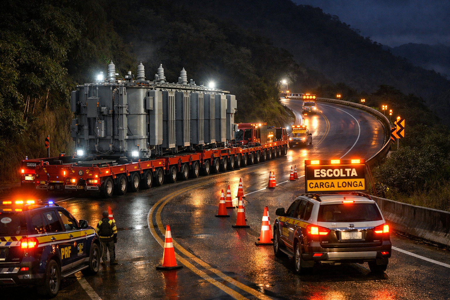 Carreta de 106 metros transportando transformador durante operação especial na Serra das Araras, na Via Dutra