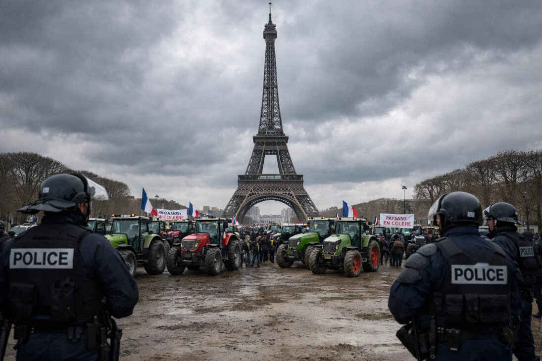 Tractores de agricultores cerca de la Torre Eiffel durante protesta en París