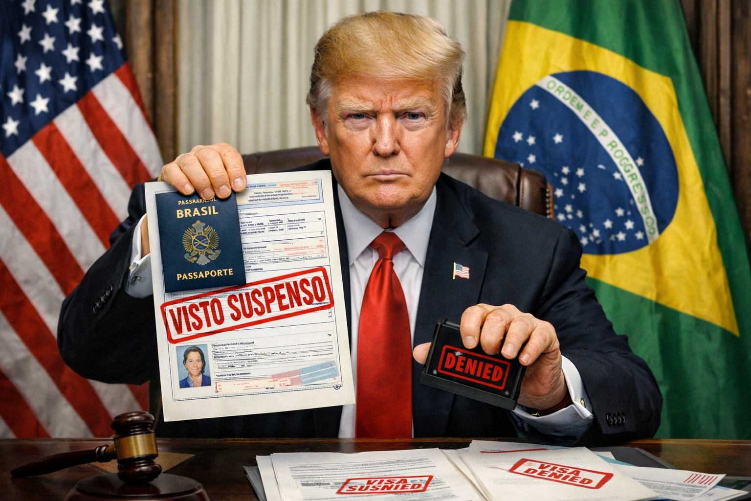 Ilustração mostra Donald Trump negando vistos de imigração enquanto a bandeira do Brasil aparece ao fundo com a palavra “Suspenso”, simbolizando restrições impostas pelos EUA.