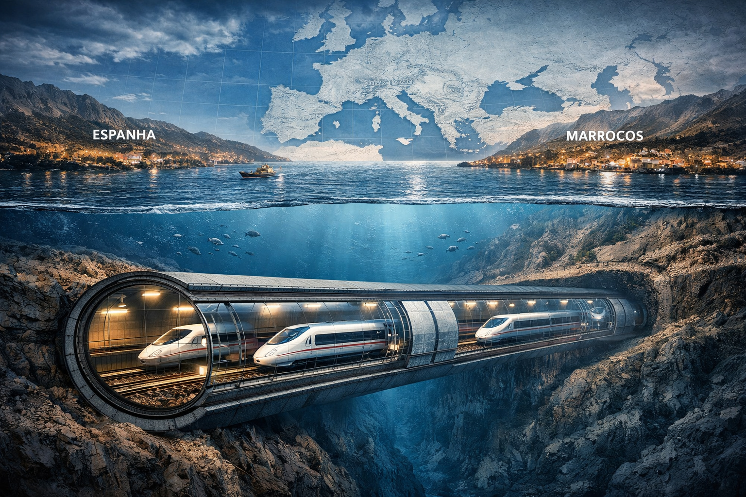 Ilustração de túnel submarino ligando Espanha e Marrocos sob o Estreito de Gibraltar