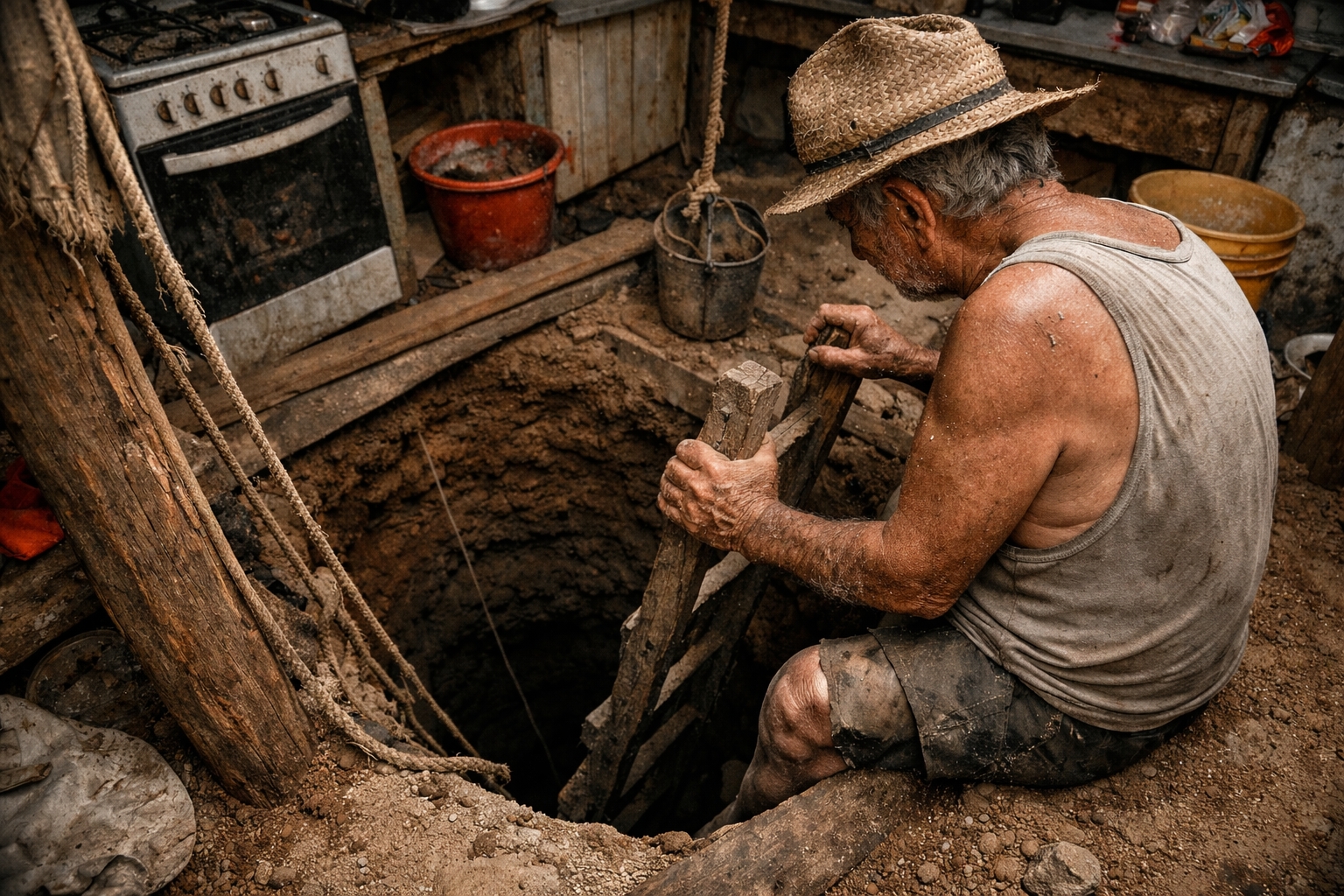 Idoso com mais de 70 anos cava sozinho buraco de 40 metros em busca de ouro, dentro da cozinha de casa, escorrega e morre em MG