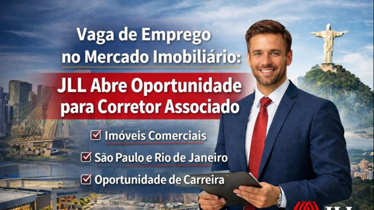 Vaga de emprego no mercado imobiliário oferece oportunidade de carreira como corretor associado JLL em imóveis comerciais em SP e RJ.