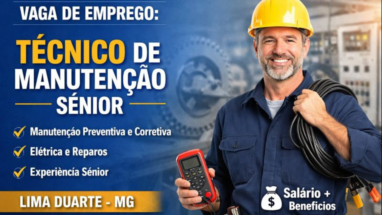 Nova vaga de emprego em MG contrata Técnico de Manutenção com experiência sênior e atuação em manutenção preventiva e corretiva.