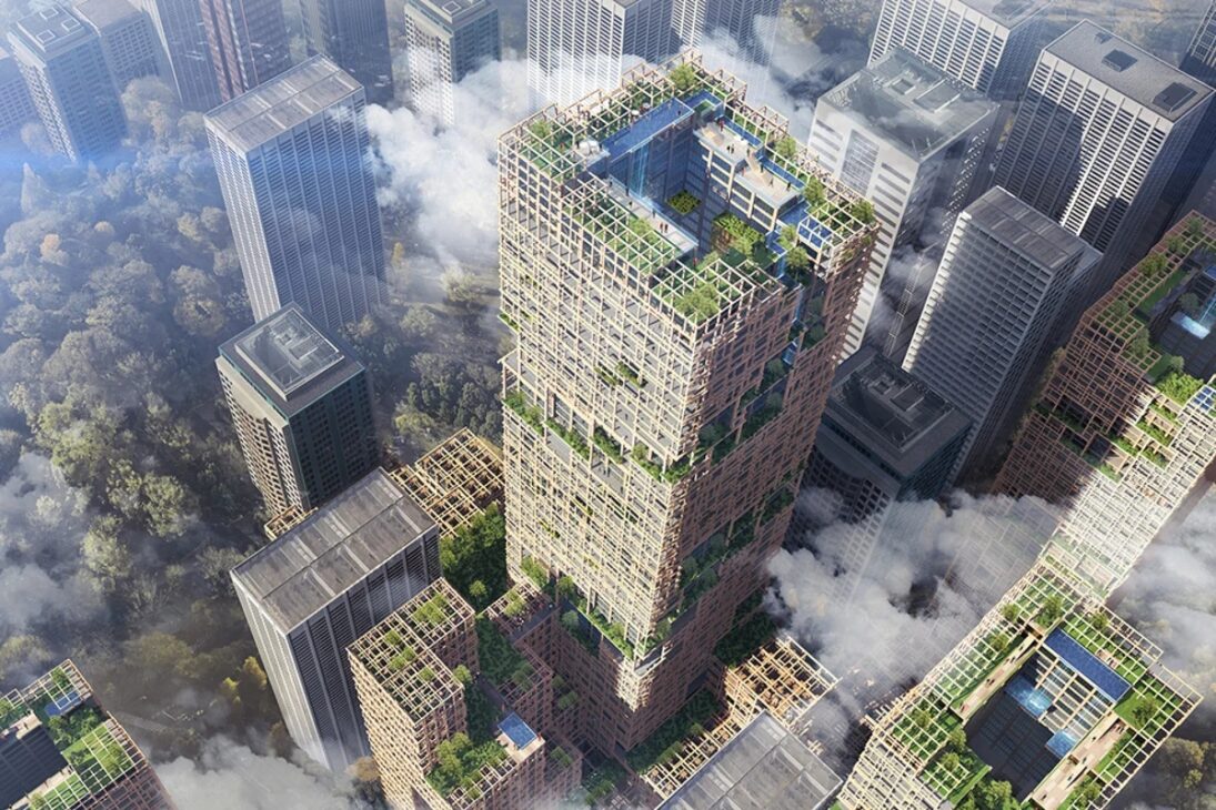 Proyecto propone rascacielos de madera en Tokio con 350 metros y 70 pisos, utilizando 185 mil m³ de madera para almacenar carbono, reducir emisiones en hasta 60% y reposicionar la ingeniería de Japón