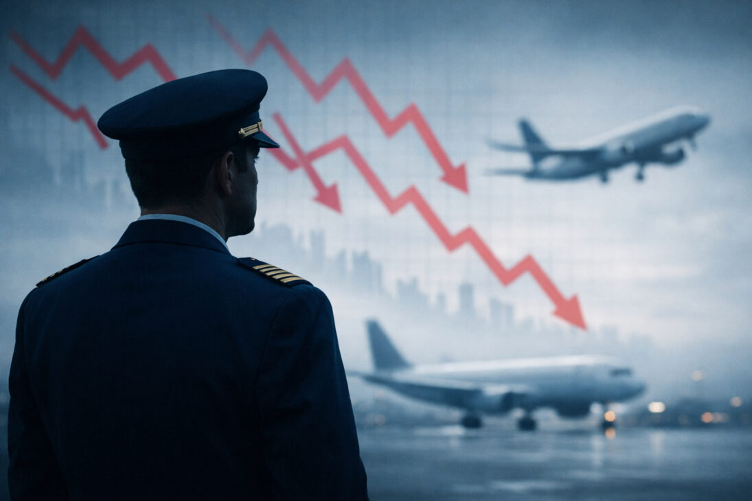 Ilustración de piloto en silueta con maleta y gráfico de caída al fondo, representando la salida de pilotos de Azul en 2025.