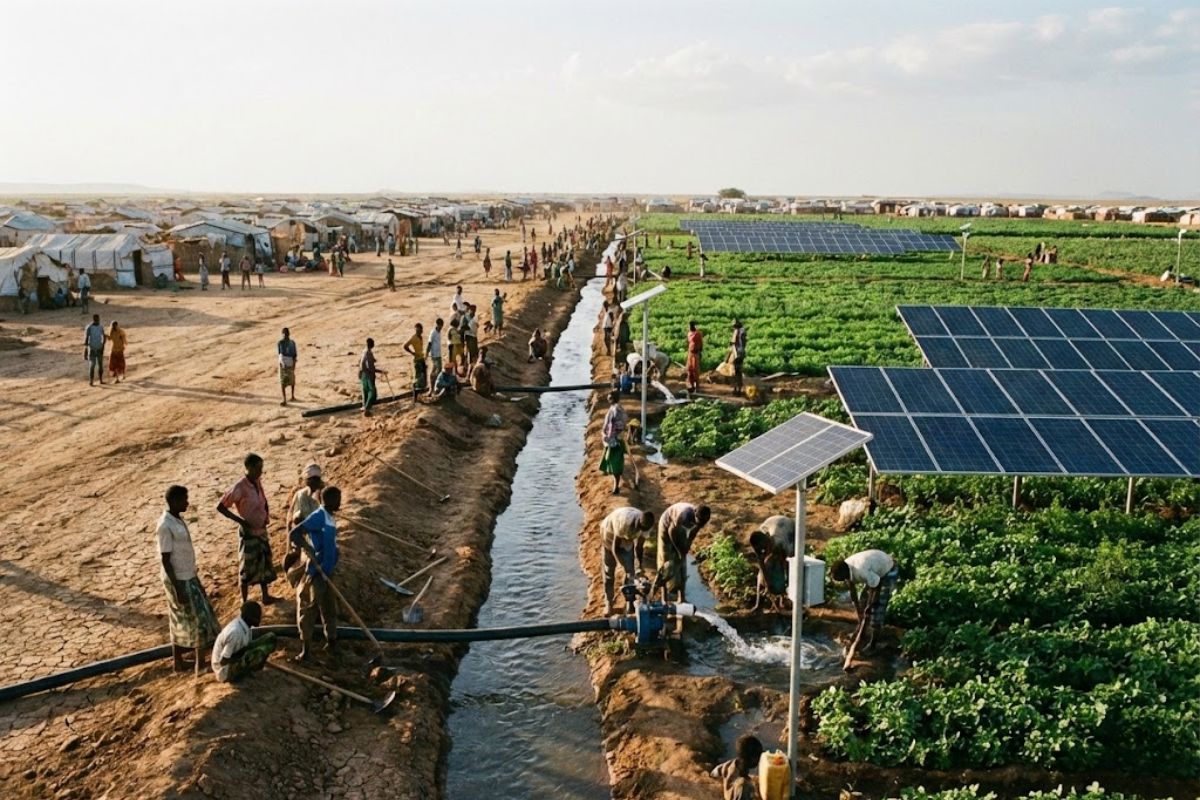 Deserto em Melkadida: refugiados formam cooperativas, ampliam irrigação e recuperam solo, transformando crise hídrica em produção local.