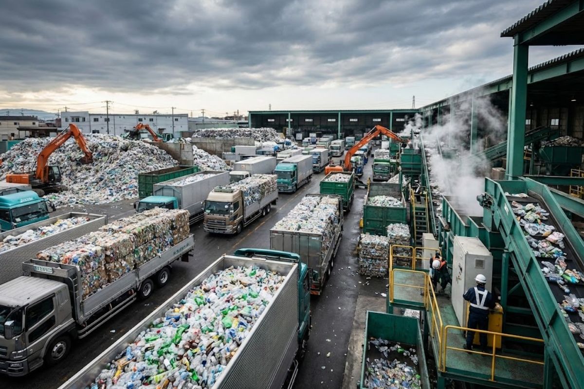 A reciclagem de PET com coleta e triagem em supermercados transforma garrafas usadas em novas embalagens na fábrica japonesa.