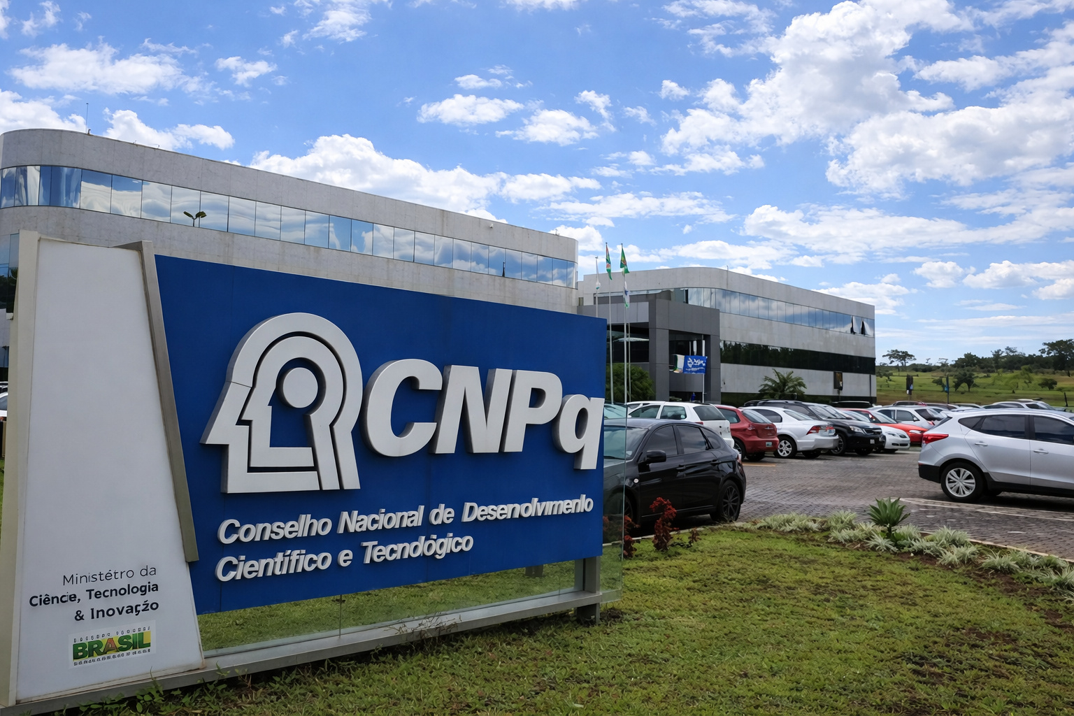 Fachada do prédio do CNPq com estacionamento e carros sob céu parcialmente nublado ao meio-dia.