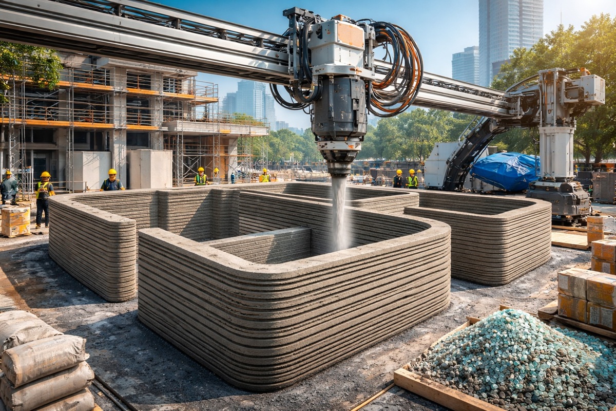 Impressão 3d estrutural reduz 30% de material, 50% de horas em obra e 52% de CO₂ com vidro reciclado em Singapur.