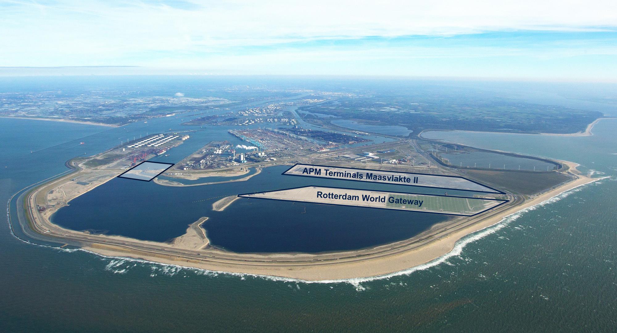 Para criar 2.000 hectares de porto dentro do Mar do Norte, Rotterdam dragou 240 milhões de m³ de areia, ergueu 11 km de defesa costeira e montou um paredão rígido de 3,5 km com 7 milhões de toneladas de rocha e 20 mil blocos de concreto na Maasvlakte 2