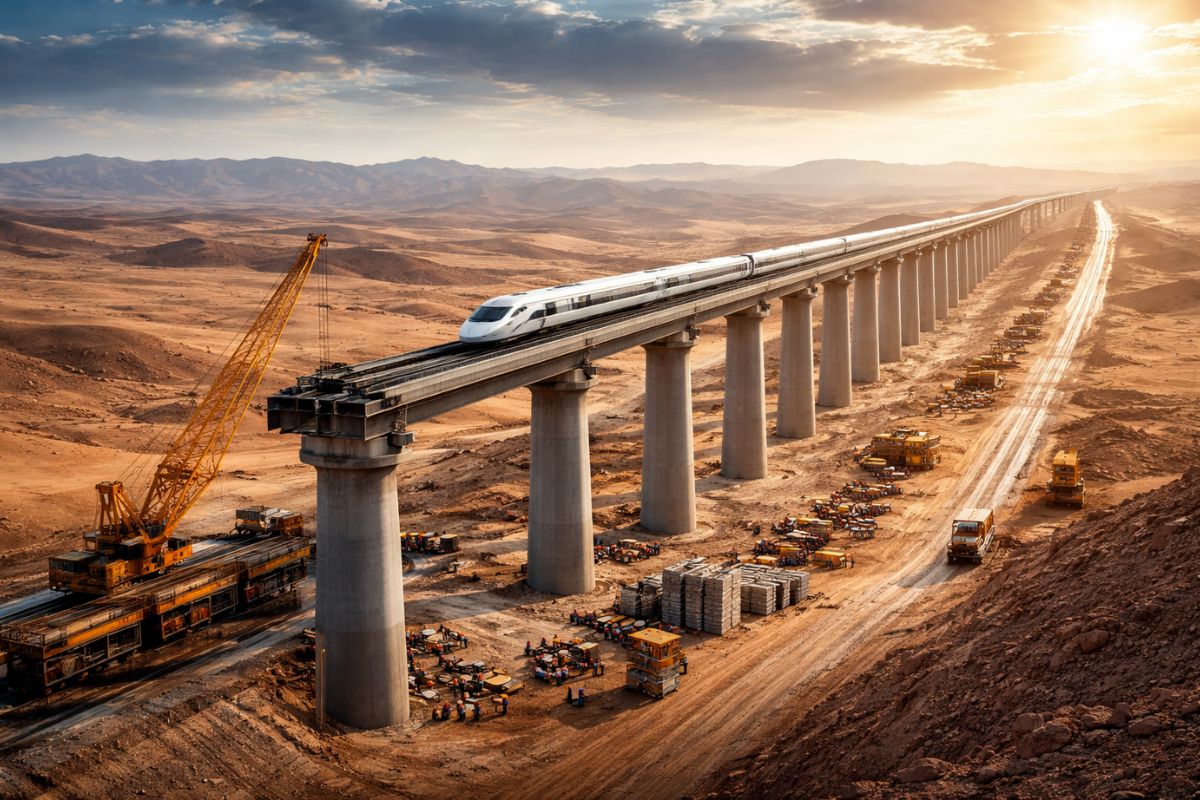 Ferrovia elevada no deserto de Gobi integra corredor China–Mongólia–Rússia, elimina bitola padrão internacional e acelera minerais críticos.