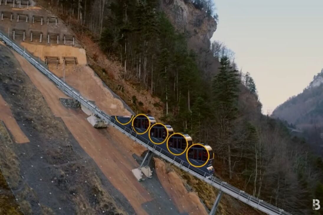 ferrocarril más empinado del mundo en Suiza: funicular con cabinas niveladas en Los Alpes Suizos, tracción por cremallera y frenos dinámicos para subir 1.115 metros en 5 km y bajar con control.