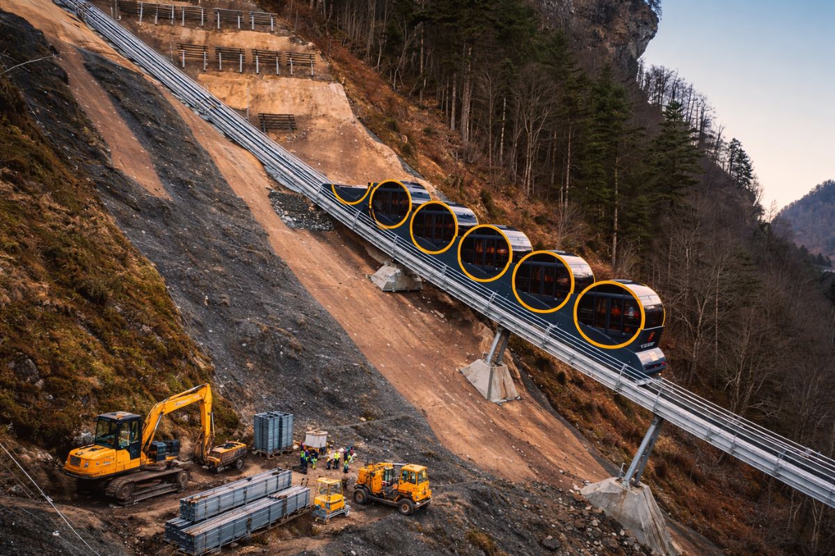 ferrovia mais íngreme do mundo na Suíça: funicular com cabines niveladas nos Alpes Suíços, tração por cremalheira e freios dinâmicos para subir 1.115 metros em 5 km e descer com controle.