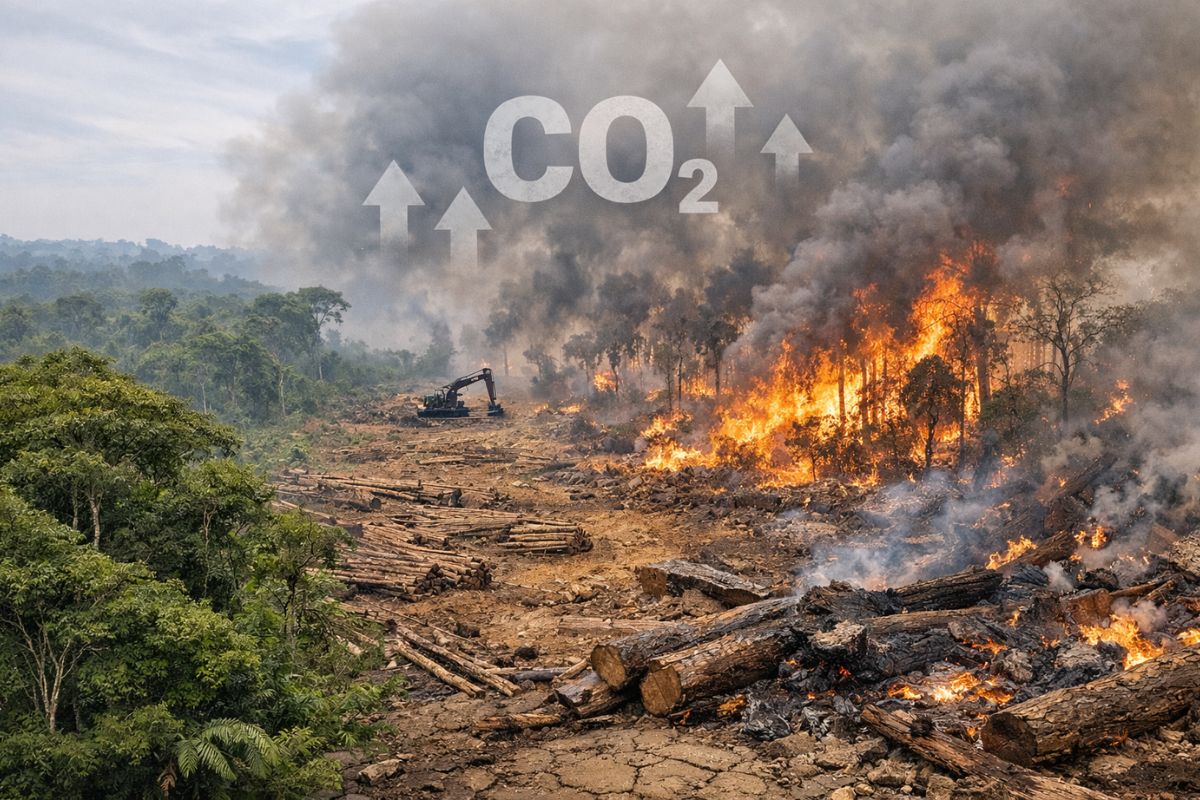 A floresta entra em alerta: desmatamento derruba vegetação e biomassa, e o carbono passa a superar a absorção no ecossistema.