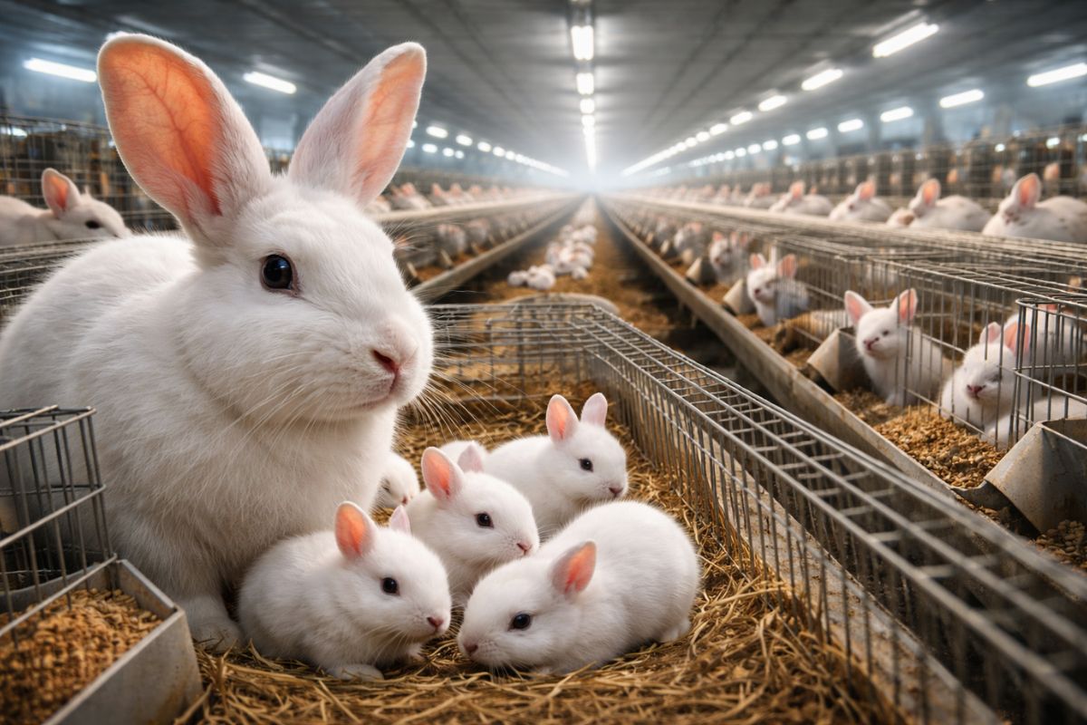 A indústria invisível dos coelhos em galpões silenciosos, luz artificial acelera o ciclo, filhotes crescem em semanas e a produção vira uma engrenagem que já abastece milhões