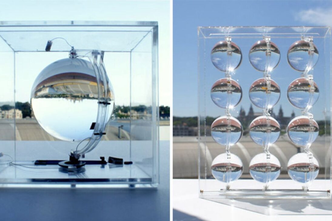 pequeña esfera blanca usa energía solar con lente esférica de Rawlemon para concentrar luz y desafiar paneles solares, con foco de 10.000 veces y hasta 70% en pruebas.