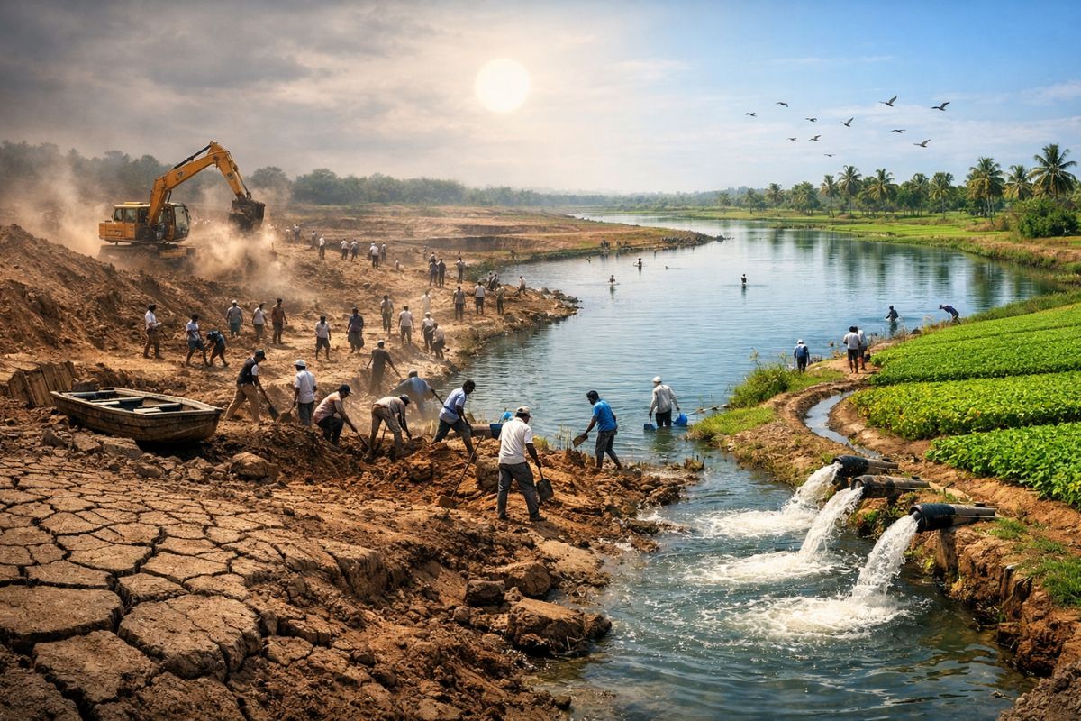 lago em Peravoorni: restauração reativa canais e irrigação, melhora a água subterrânea e devolve água à região.