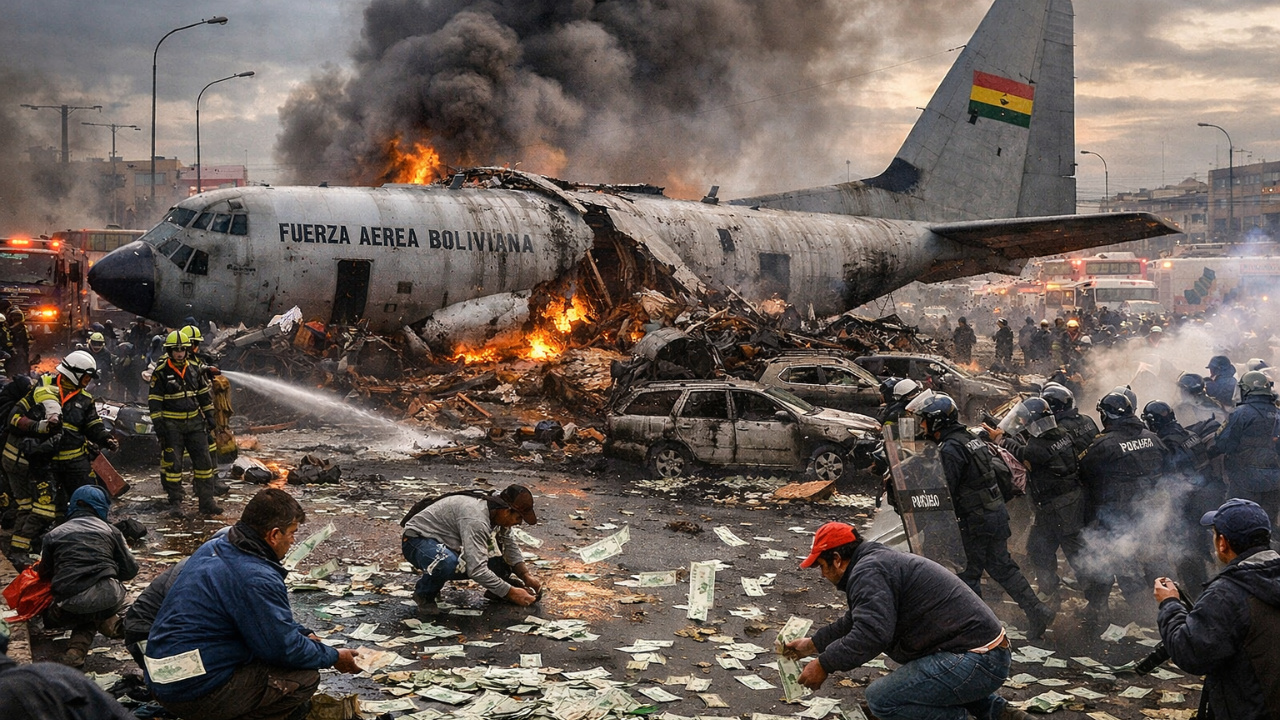 Acidente aéreo com C 130 Hércules em El Alto deixa mortos, feridos e tumulto por dinheiro transportado na Bolívia.