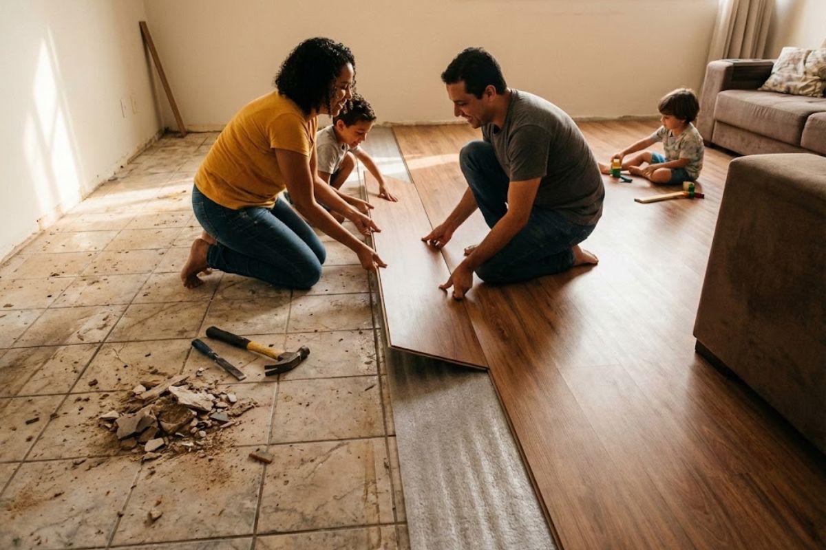 piso moderno com click substitui argamassa; piso flutuante aplicado sobre contrapiso permite reforma rápida e uso imediato sem quebra-quebra