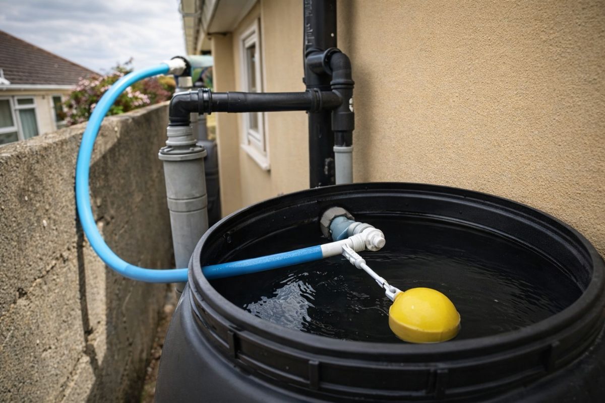água de chuva com captação de água da chuva usa first flush, filtro de sedimentos e bomba pressurizadora para armazenar e ter pressão na torneira.