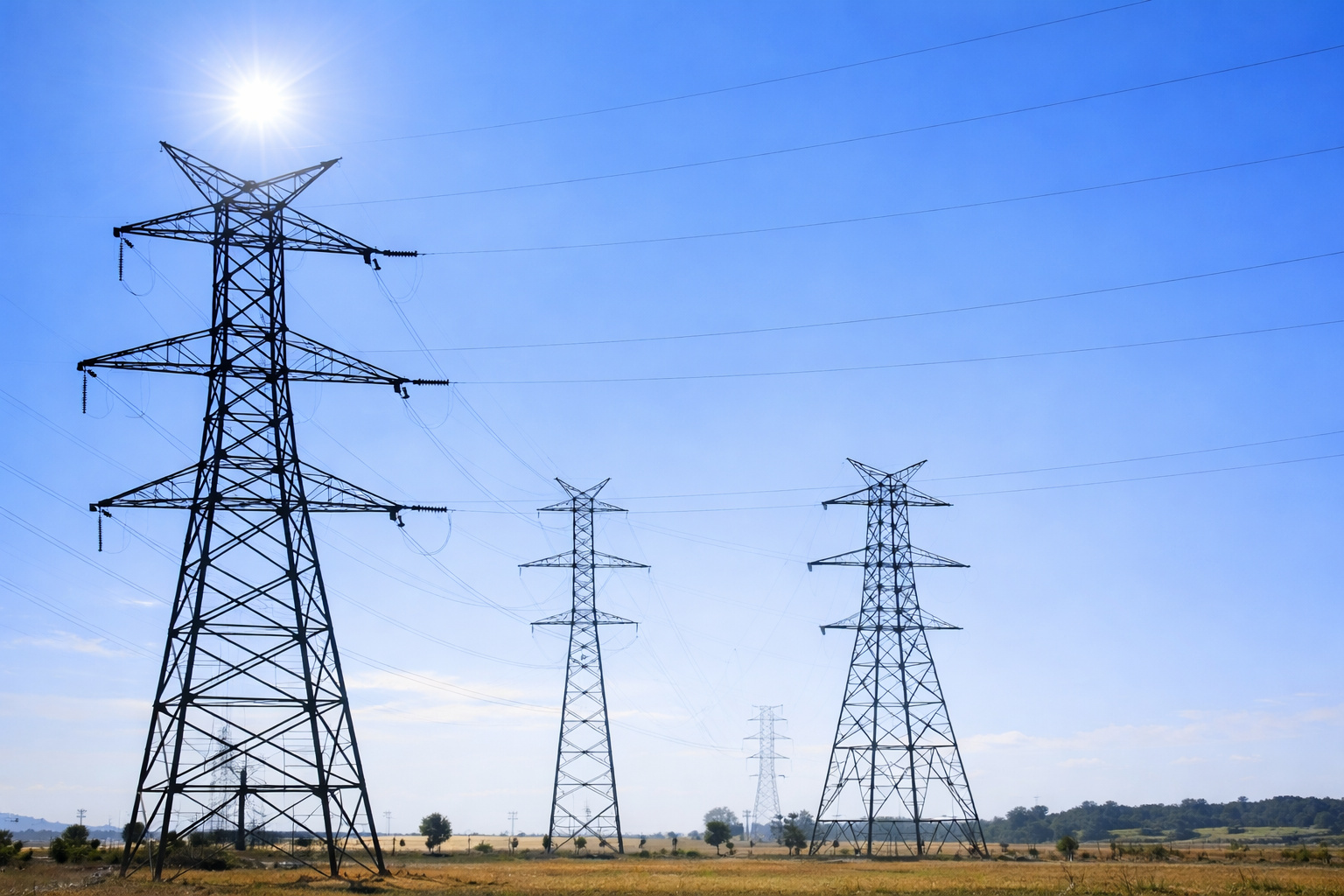 Torres de transmissão de energia elétrica sob céu azul ao meio-dia em área rural.