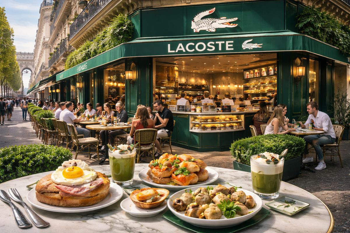 Lacoste abre Café Lacoste em Paris na Avenida Franklin D. Roosevelt com Giraudi Group e cardápio francês urbano.