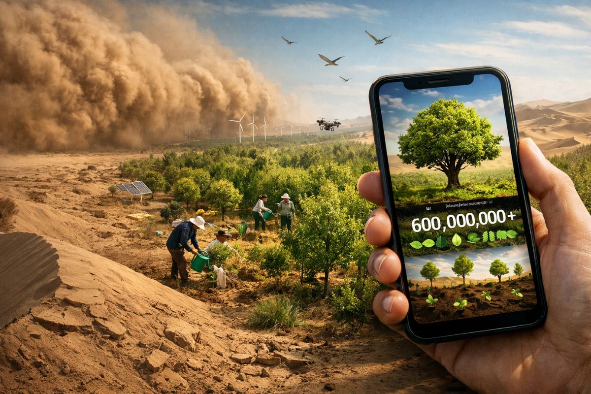 No deserto, plantio de árvores de saxol reduz areia no Gobi e mostra como tecnologia, engajamento e renda local podem acelerar recuperação ambiental.