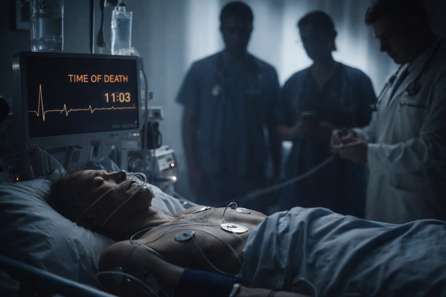 Paciente em leito hospitalar com monitor cardíaco ao fundo enquanto equipe médica aparece desfocada, ilustrando estudo sobre atividade cerebral após a morte clínica.