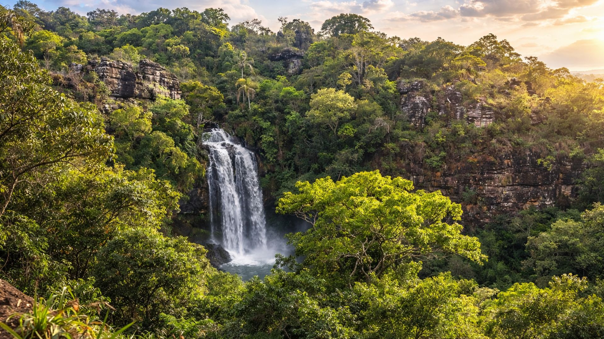 Cachoeira cercada por mata nativa em área preservada do Paraná, exemplo de conservação ambiental apoiada por projetos sustentáveis.