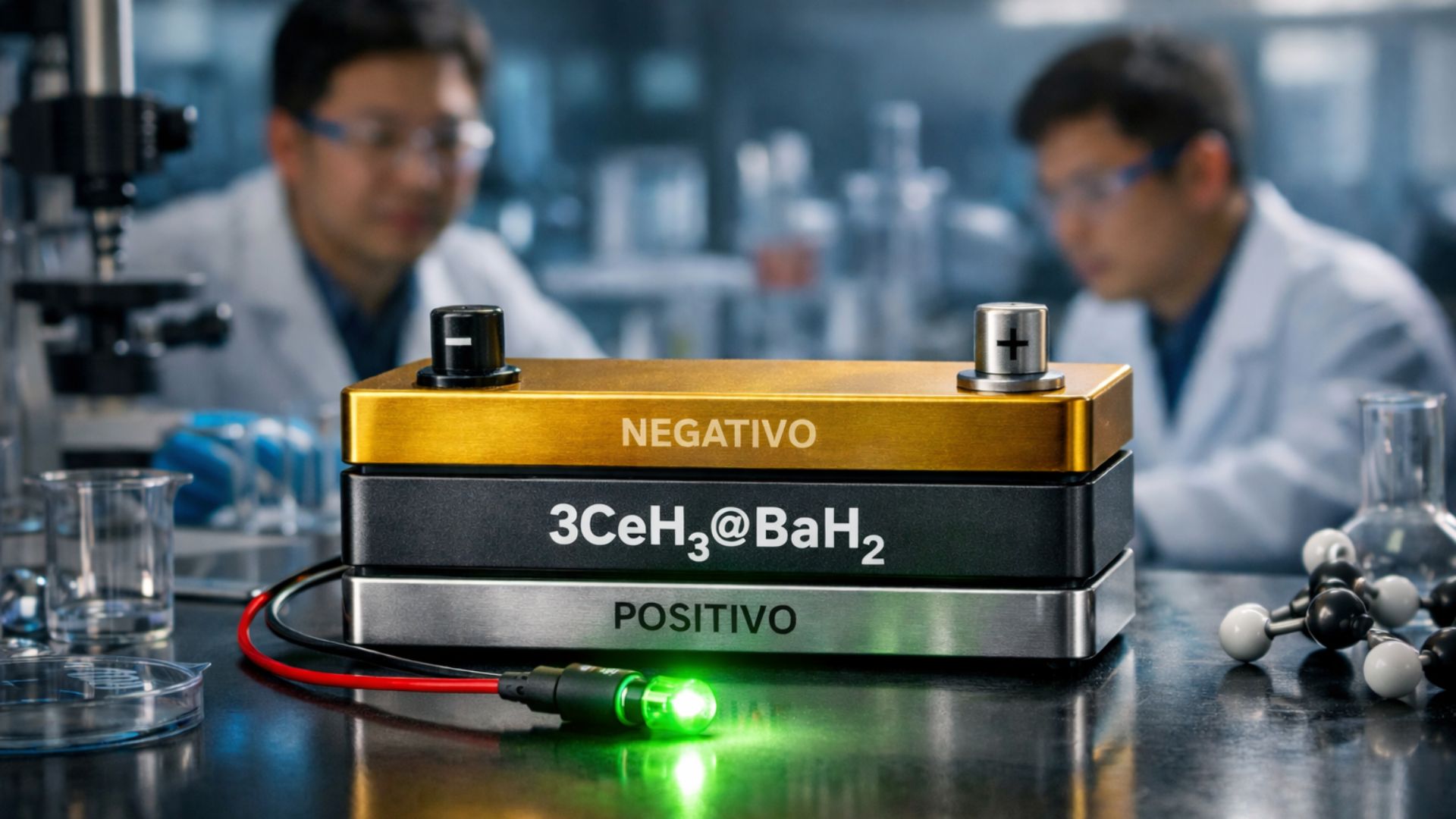 Protótipo de bateria de hidrogênio em estado sólido desenvolvido por pesquisadores chineses, demonstrando tecnologia experimental de armazenamento de energia alternativa ao lítio em laboratório.