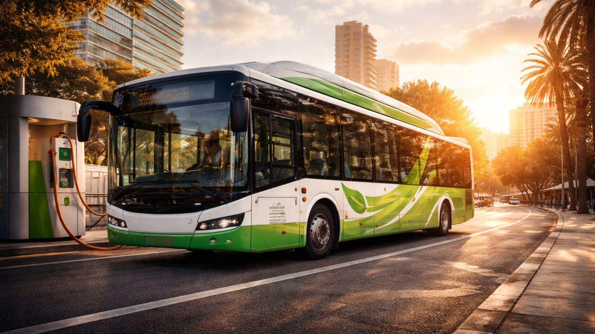 Ônibus urbano moderno verde e branco abastecendo em estação de combustível renovável durante o pôr do sol em avenida com prédios e árvores.